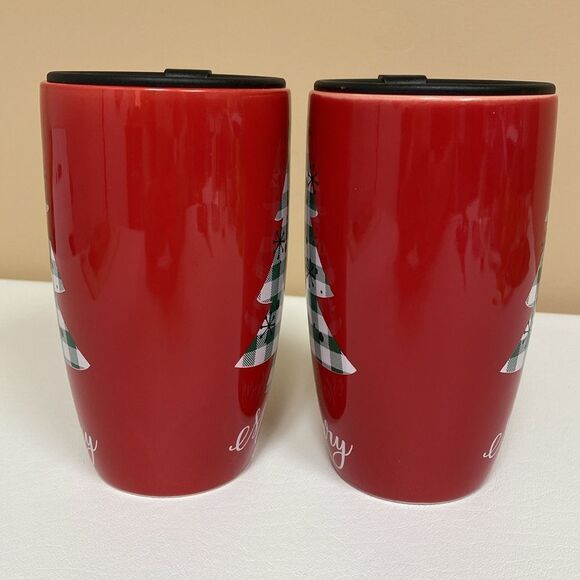 Merry Christmas Red Mug Plaid Tree with Removable Open Close Lid Set of 2 - Picture 4 of 14